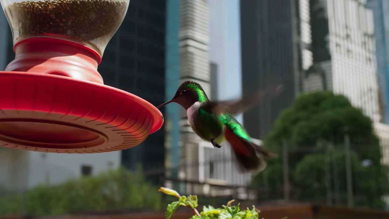 Hummingbird at a Feeder with City Buildings in the Background