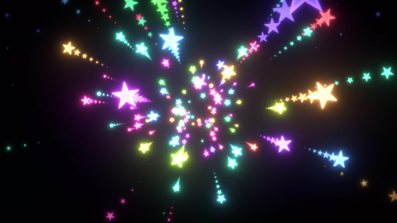Stelle al neon vibranti esplodono verso l'esterno da un punto centrale su uno sfondo nero e vuoto.
