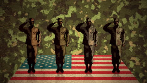 cuatro figuras de soldados saludando sobre la bandera estadounidense contra el fondo de camuflaje