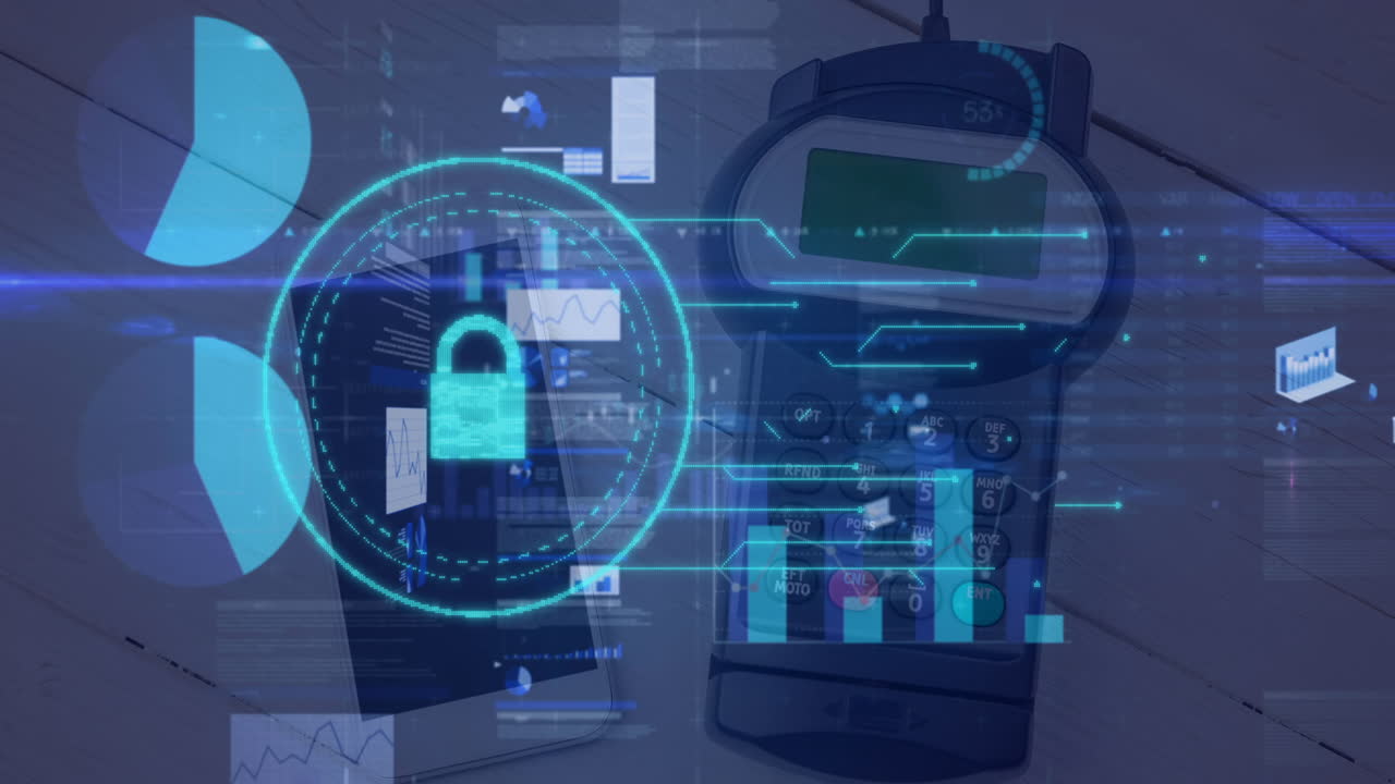 animación del globo y procesamiento de datos financieros a través de terminales y teléfonos inteligentes