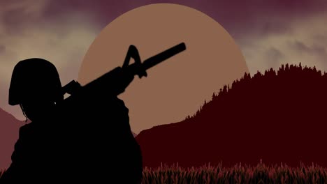 Animation-Eines-Amerikanischen-Soldaten-über-Silhouetten-Von-Bergen-Und-Sonne