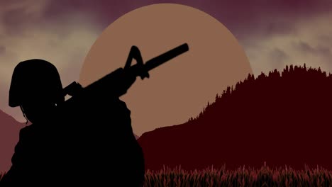 animation of american soldier over silhouettes of mountains and sun