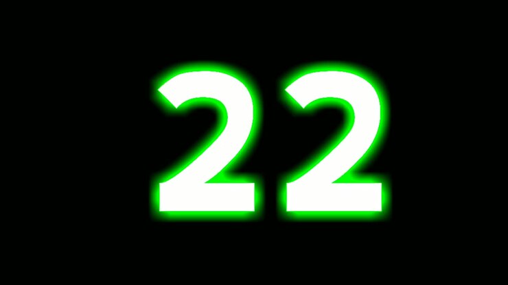 Neon number 22 sign symbol modern animation motion graphics flicking on black background,green color glowing and shining for video elements