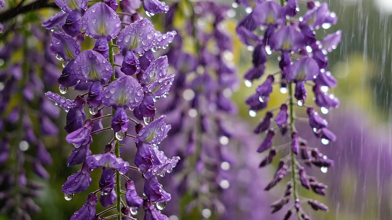 Närbild av lila blåregnsblommor täckta av färska regndroppar