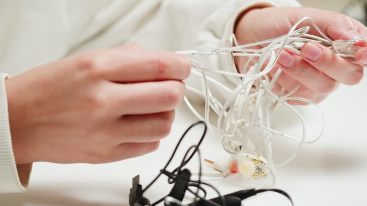Young woman trying to untangle the headphones close-up. Tangled wires on table. Trying to untangle many messy cables