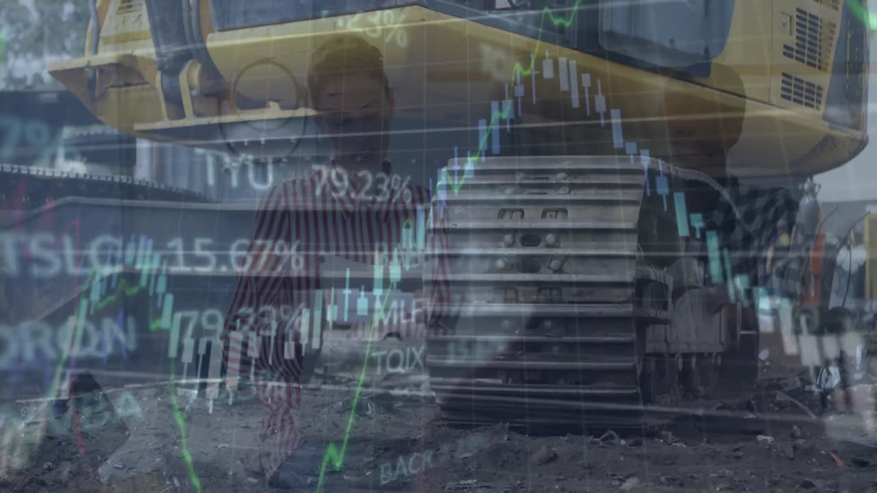 Animation of financial data processing and statistics over diverse men working in factory