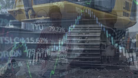 animación del procesamiento de datos financieros y estadísticas sobre diversos hombres que trabajan en la fábrica