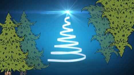 Animation-of-christmas-white-ribbon-forming-christmas-tree-on-blue-background