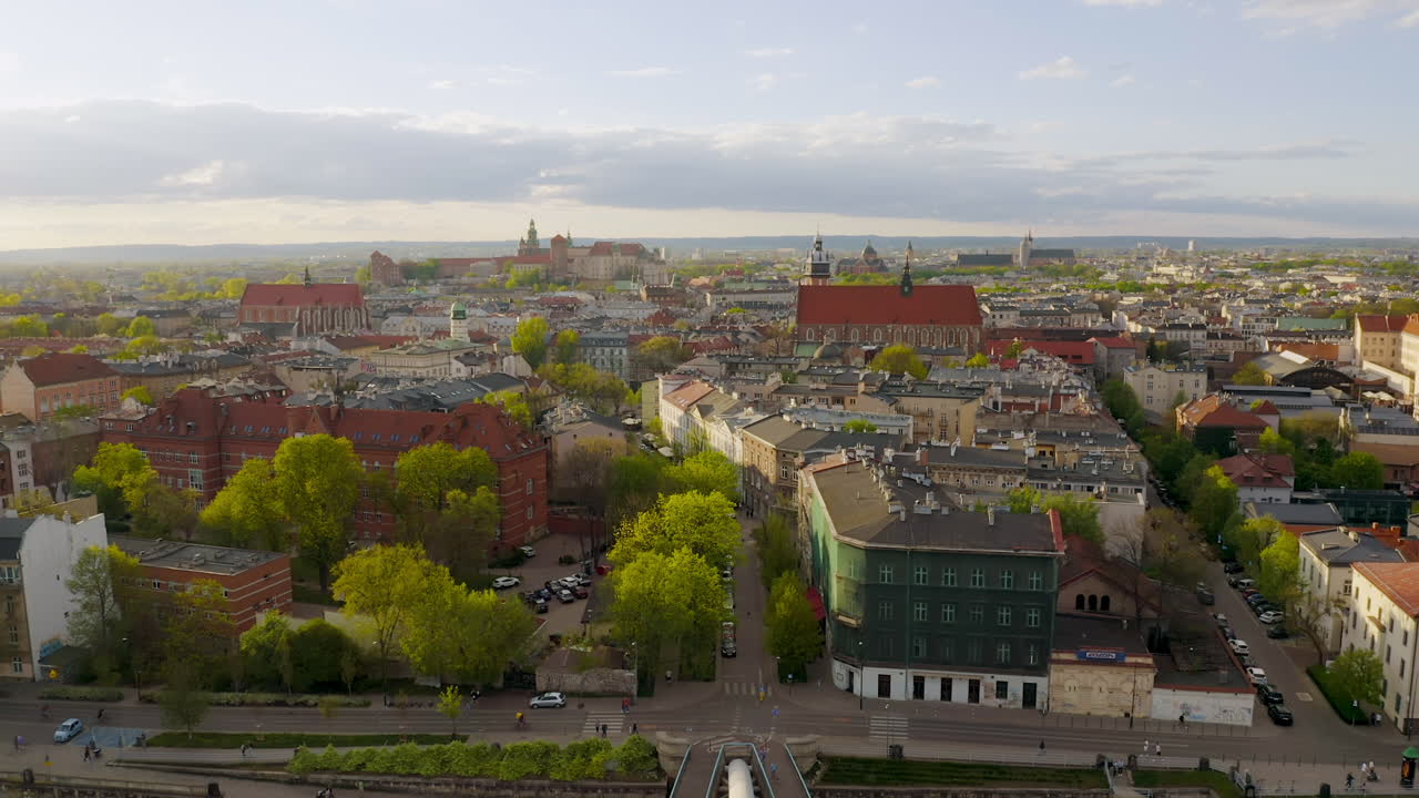 Panorama of Kazimierz district in Krakow, Poland during sunset at golden hour.
Softlight, afternoon.
Slow, cinematic movement.