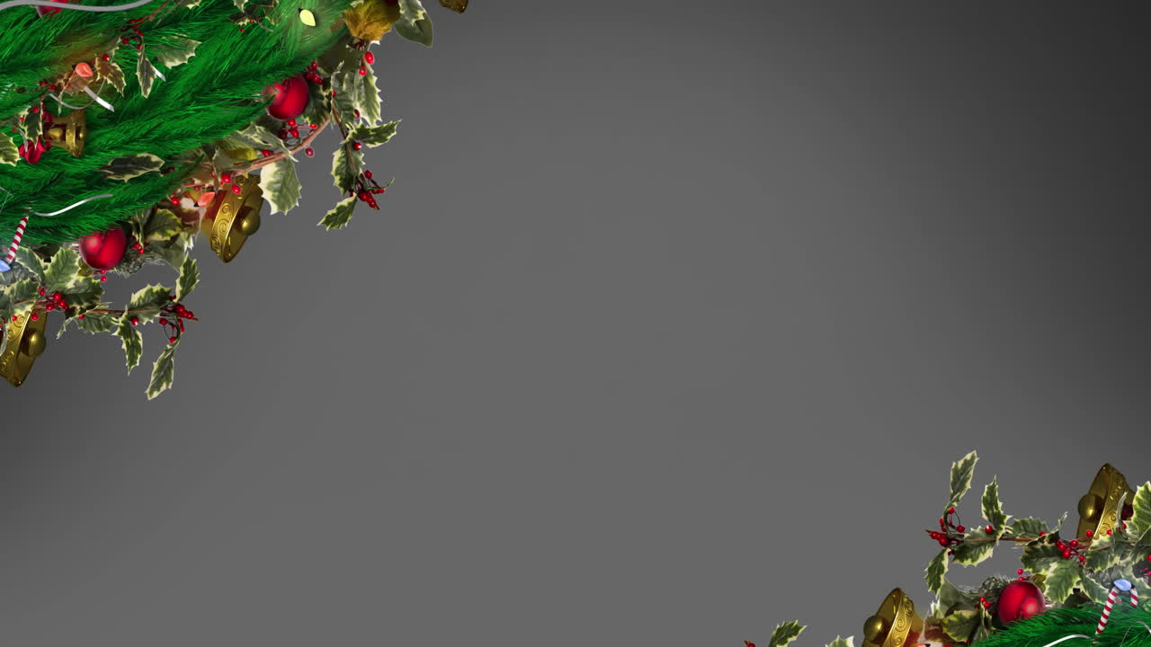 animación de ramas de abetos y decoraciones sobre un fondo gris
