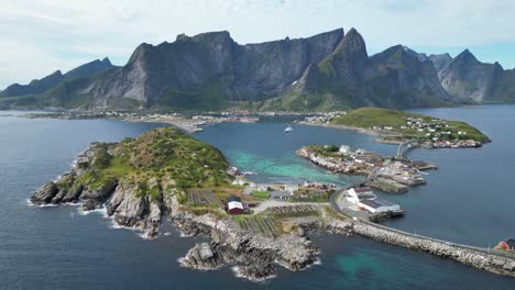 Lofoten-Islands-Archipelago-in-Norway,-Scandinavia---Aerial-View-of-Fjords,-Sakrisoy-and-Reine-Village