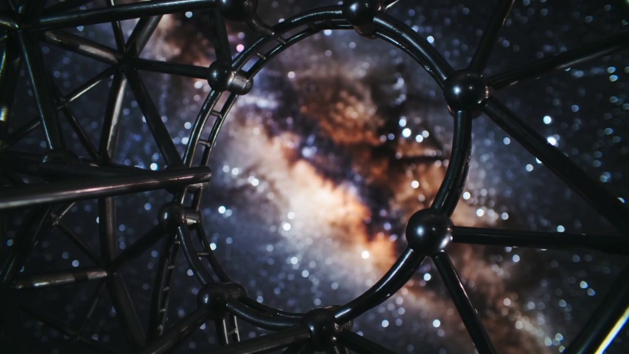 Moving camera bringing black metal lattice ring into Milky Way alignment in dome, making bokeh