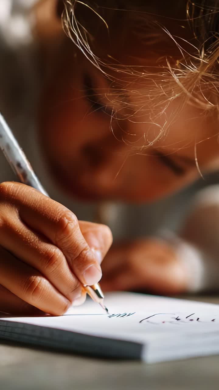 Child Engaged in Writing on Notepad: Close-Up Frames Capturing Focused Attention and Handwriting Techniques in a Creative Learning Environment