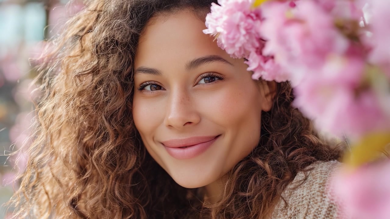 Una bella donna con i capelli ricci che sorride tra fiori rosa in fiore, catturata in due fotogrammi che mostrano le sue espressioni gioiose su uno sfondo naturale.