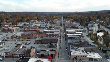 flying towards the downtown area of a georgian bay town