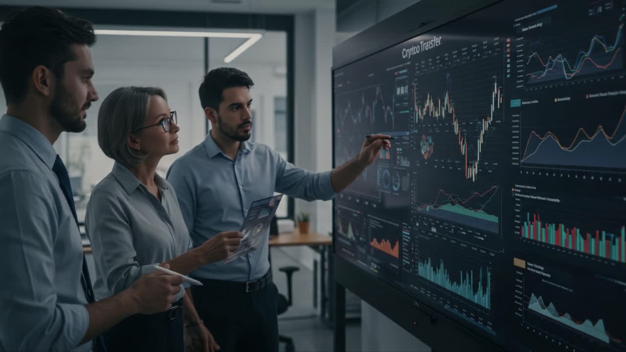 Team Engaged in Data Analysis: Professionals Reviewing Financial Charts and Trends on a Large Interactive Screen in a Modern Office Environment
