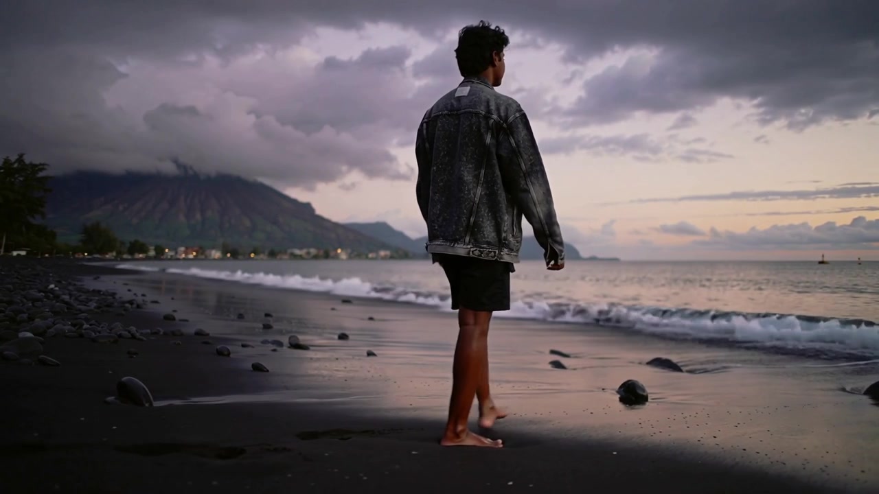 Uomo a piedi nudi con una giacca grande che cammina lungo le onde di sabbia nera al crepuscolo, il tramonto lo attira verso la boa.