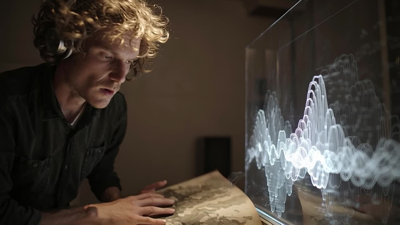 Sound artist creating visuals with audio in a studio environment