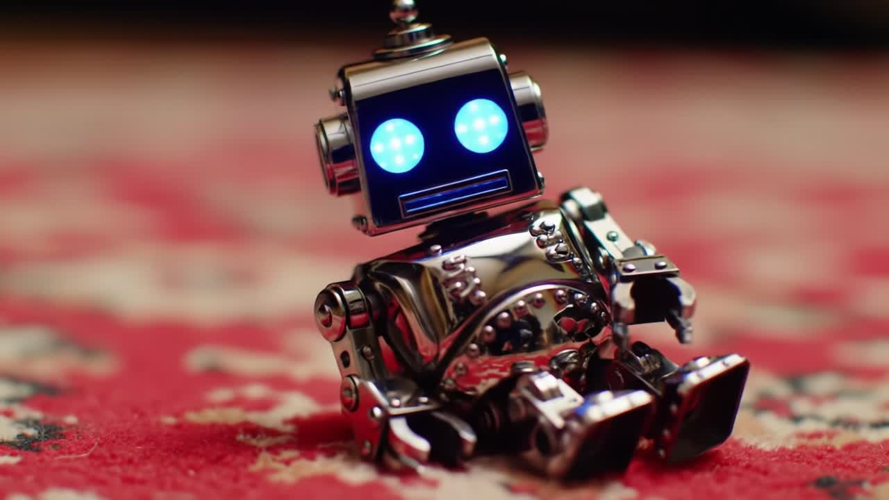 Charming Vintage Robot Toy with Blue LED Eyes on a Colorful Rug, Capturing the Delight of Nostalgia and Playfulness in a Unique Display