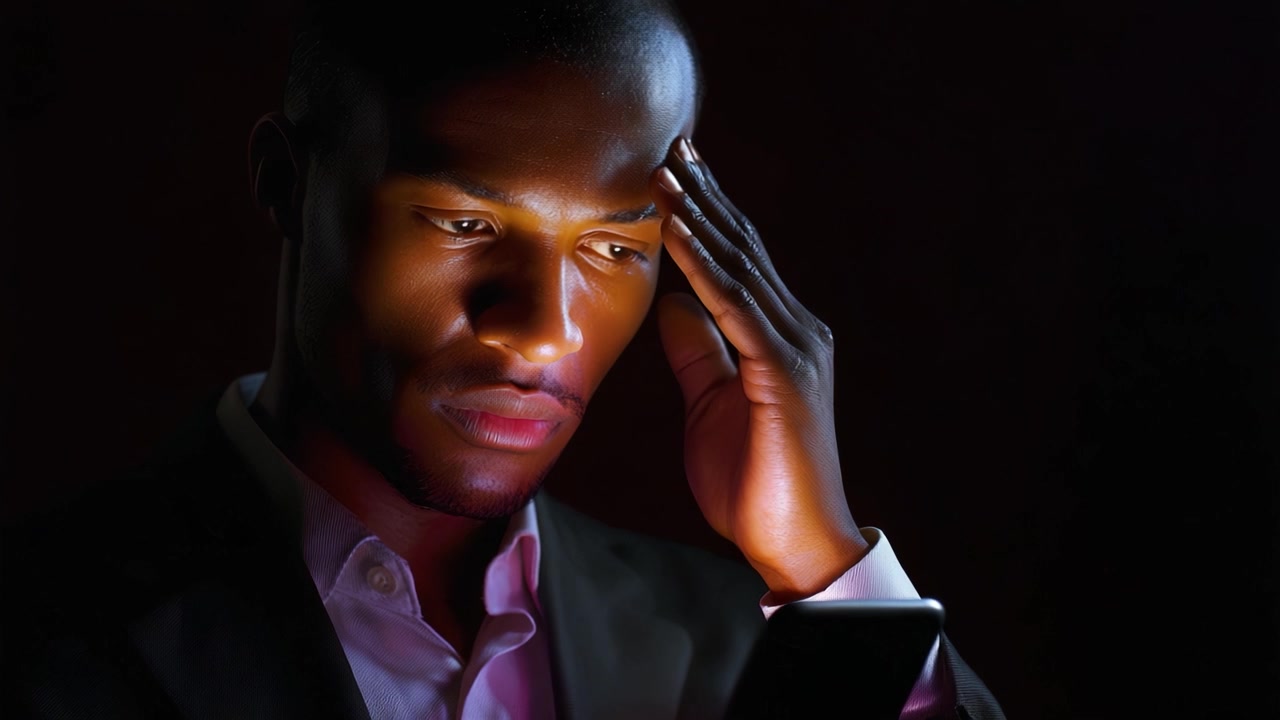 A Man in a Suit Reflecting Concern While Looking at His Phone in a Dimly Lit Environment, Highlighting the Emotions of Anxiety and Stress in Modern Communication.