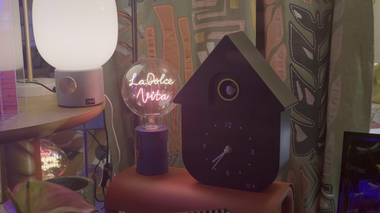 A cozy Parisian living room featuring decorative lights and unique clock design