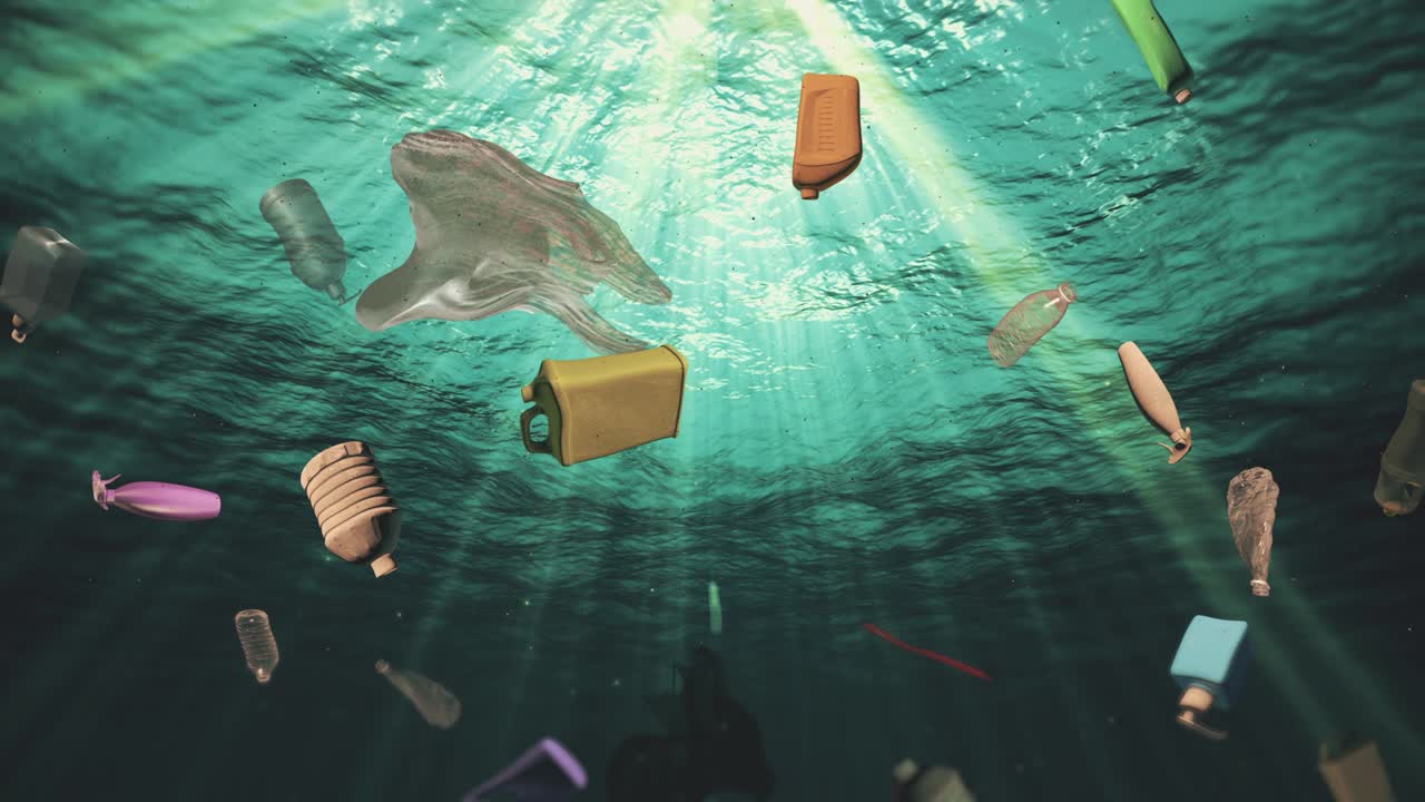 basura plástica submarina en el océano (bucle)