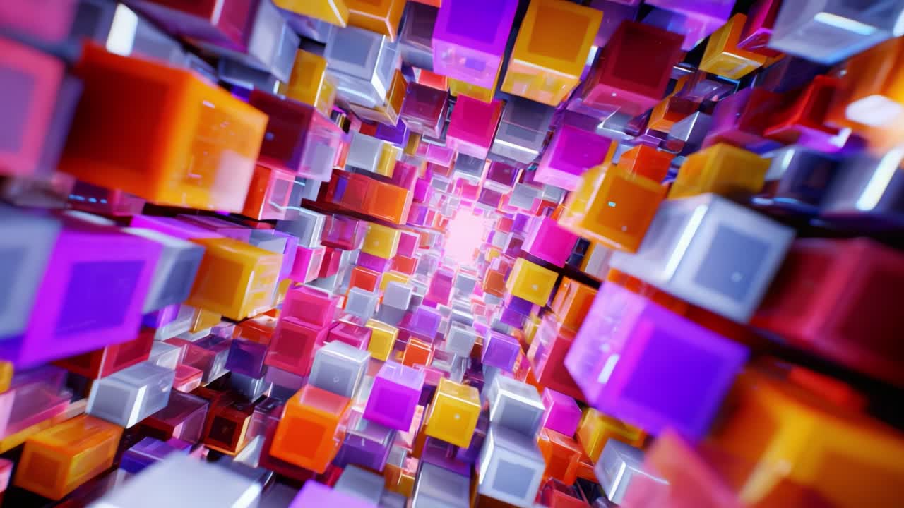 A Stunning Visual Journey Through a Hypnotic Tunnel of Colorful Cubes, Showcasing an Artistic Display of Light, Reflection, and Dynamic Patterns in Modern Abstract Design
