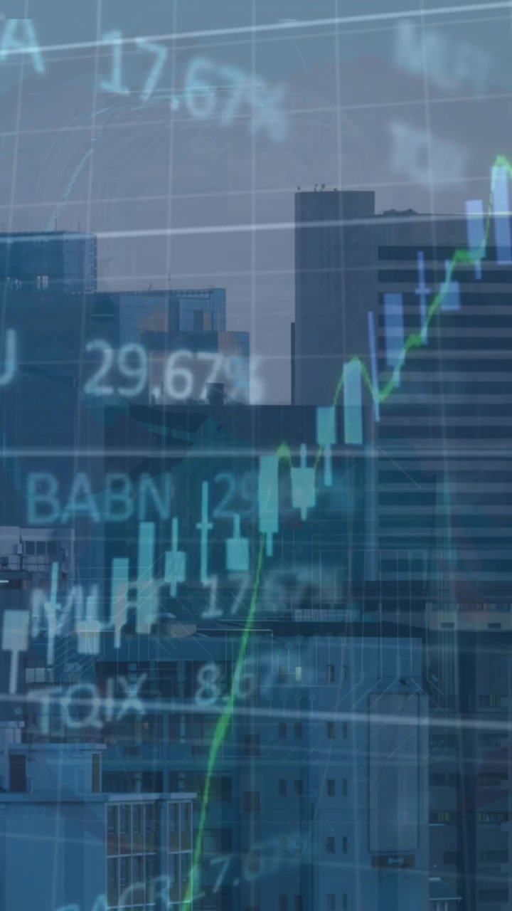 Animazione di grafici finanziari e dati su un paesaggio urbano