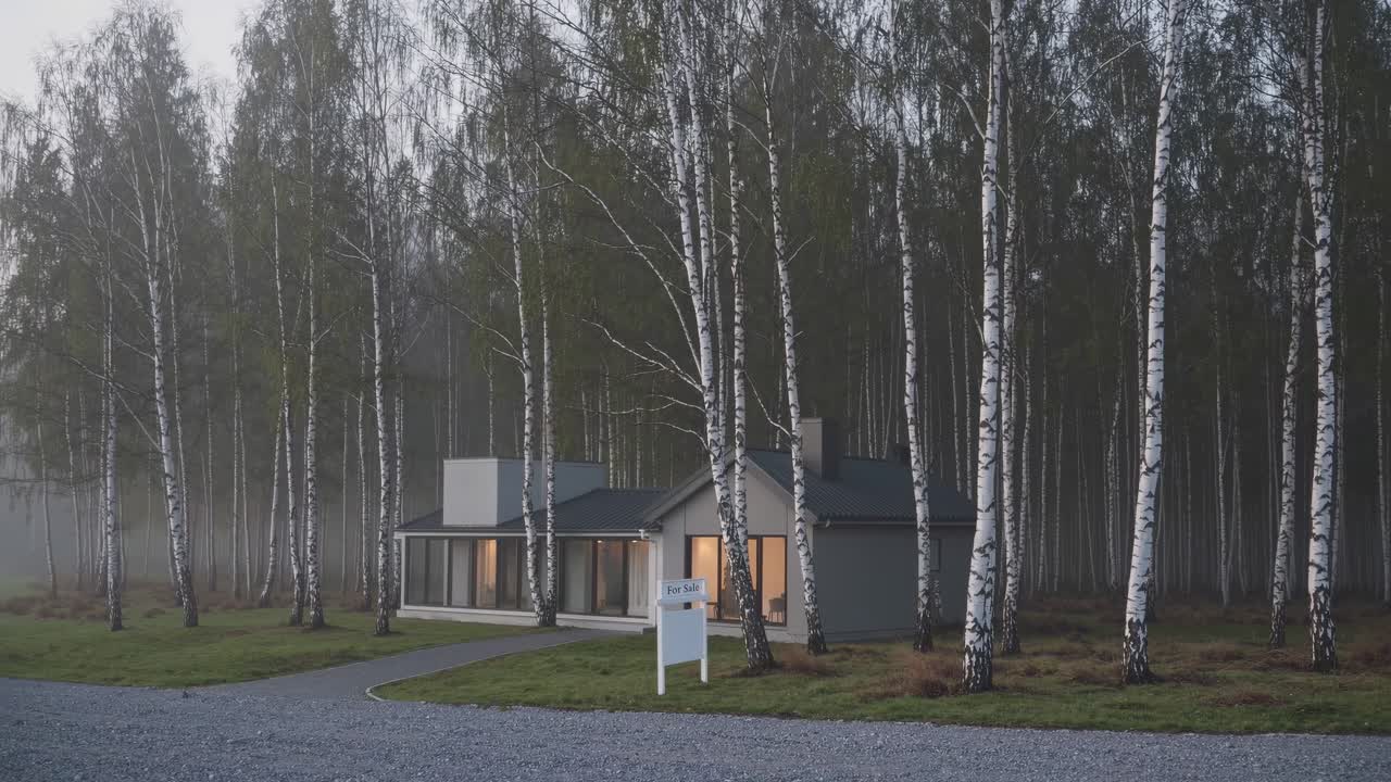 Modern single family house stands for sale amidst a serene birch forest on a misty morning, illuminated by warm interior lights, creating a tranquil and inviting atmosphere