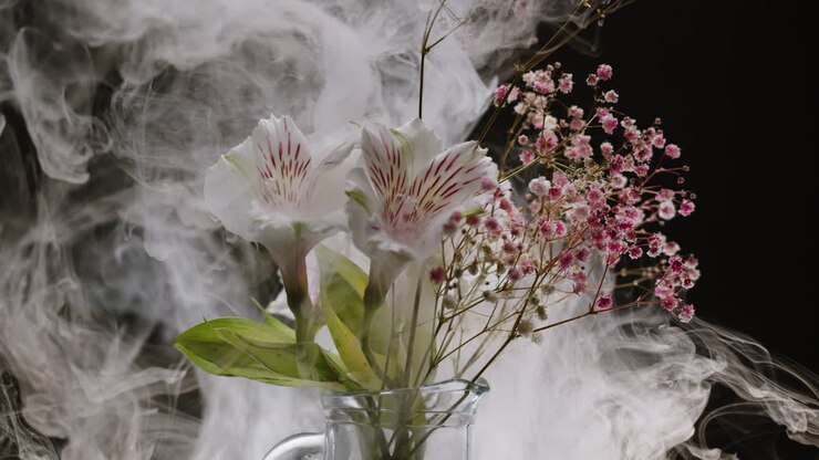 Delicate White and Pink Flowers in Vase with Swirling Smoke