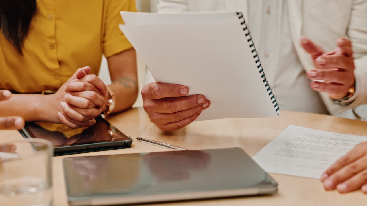 Business people, hands and documents planning