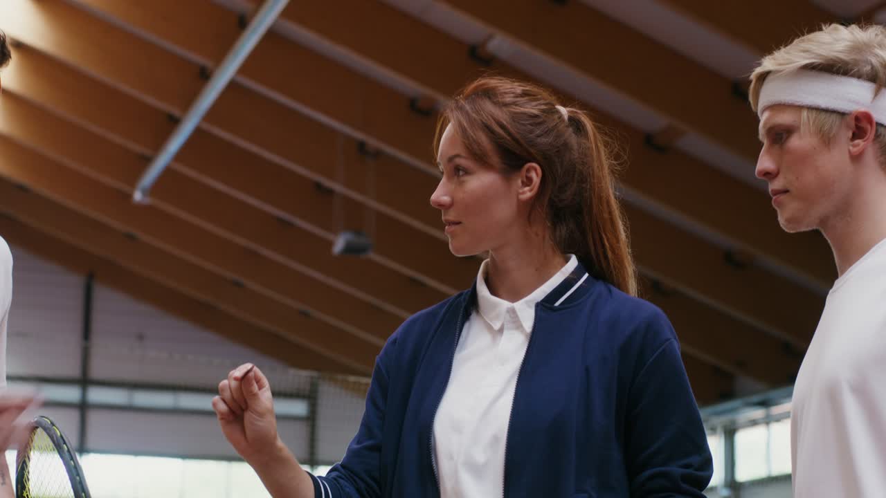 entrenador de tenis dando instrucciones a los jugadores