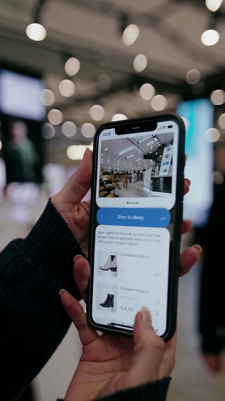 Close-up of hands holding a smartphone displaying a video app interface, with a blurred tech store