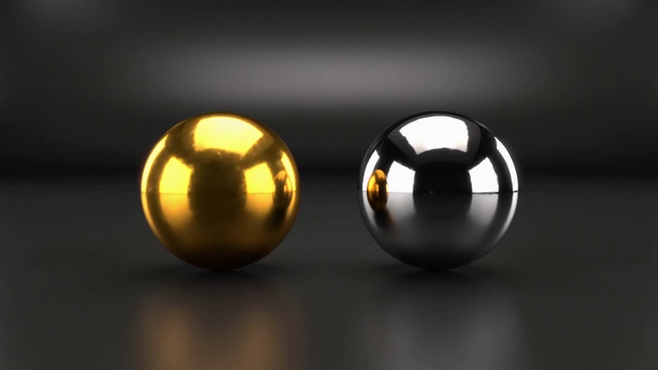 Vertical video: Gold chrome spheres on dark table camera zooming, sharpening reflections for design