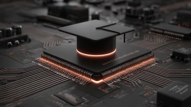 A Dynamic Representation of Knowledge Integration: A Graduation Cap on a Circuit Board, Symbolizing the Fusion of Education and Technology in the Modern Age