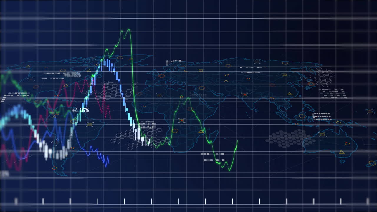 Financial data and stock market trends animation over world map