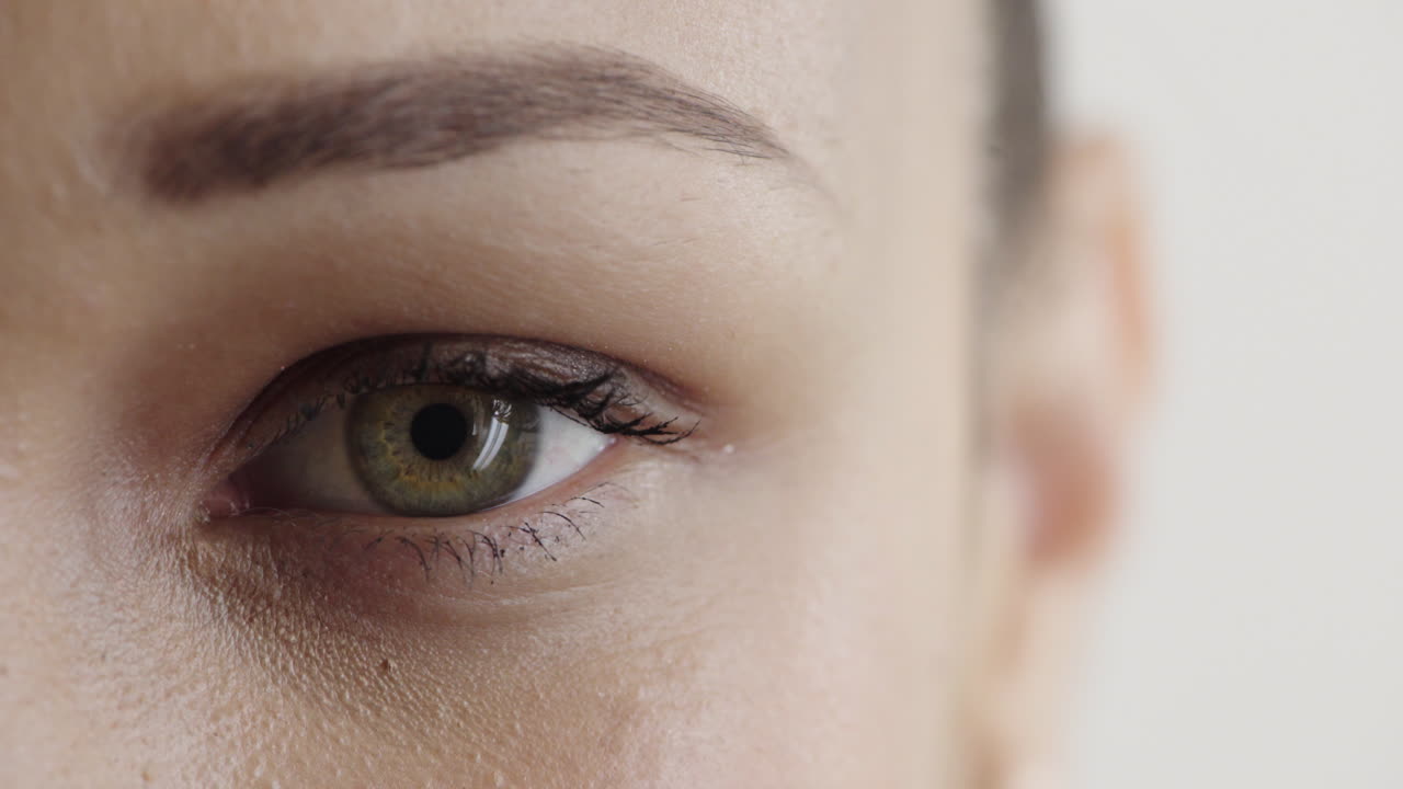 클로즈업 아름다운 여성 눈이 열리고 세련된 메이크업을 착용하여 카메라를 바라보고  ⁇ 박이는 여성적인 아름다움 화장품