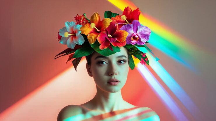 Woman Adorned with a Vibrant Floral Crown and Rainbow Light