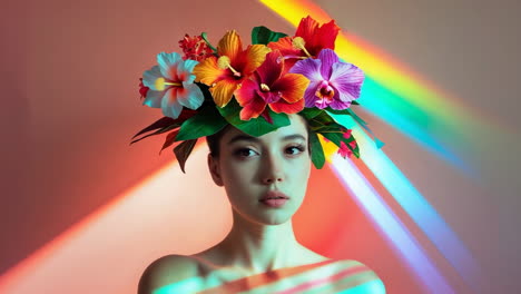 woman adorned with a vibrant floral crown and rainbow light