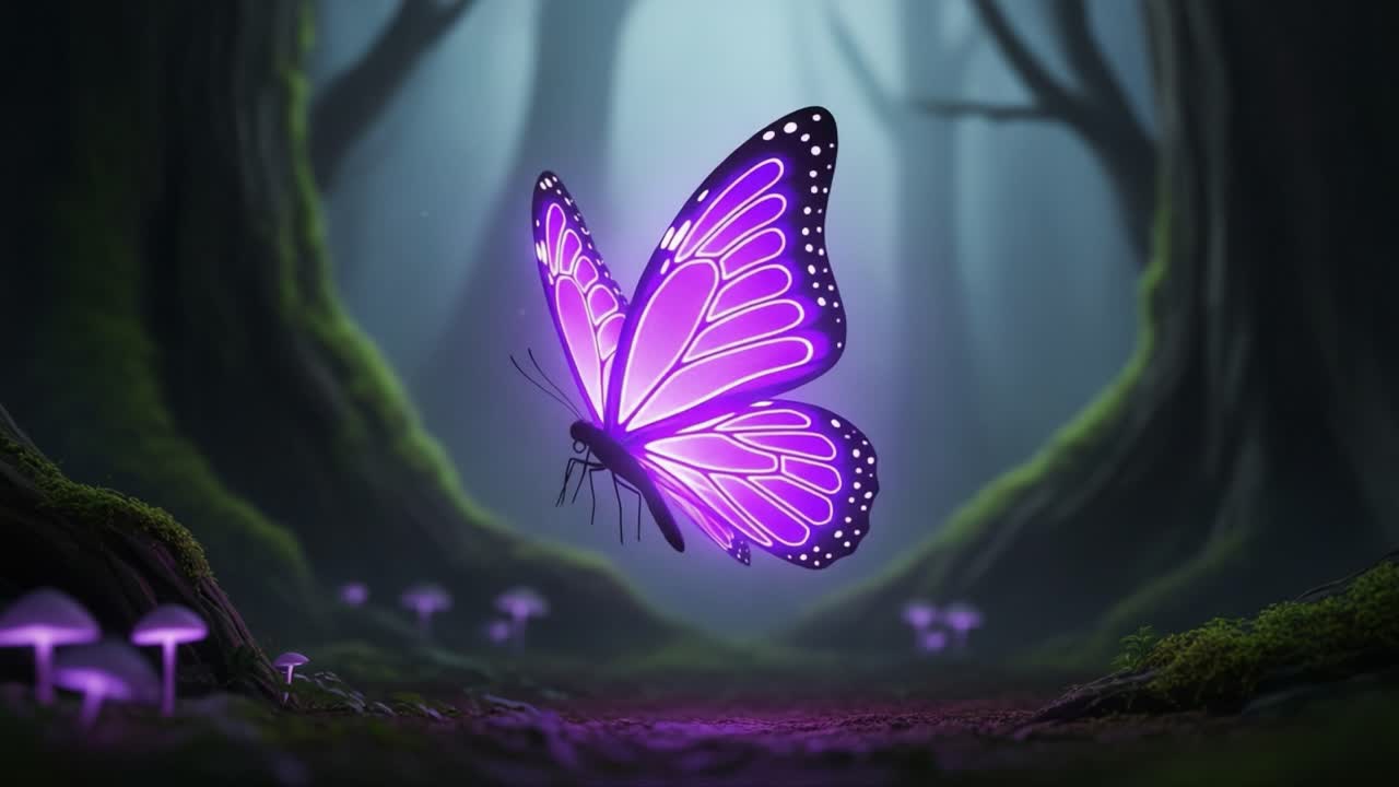 Un Viaggio Affascinante Attraverso una Foresta Mistica con una Maestosa Farfalla Viola Circondata da Funghi Incantati e una Morbida Illuminazione Luminescente