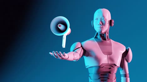 3D-Rendering-Animation-Eines-Cyberhumanoiden-Roboters-Mit-Künstlicher-Intelligenz,-Der-Mit-Megafon-Steht