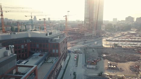 forward drone shot of zaha hadid buildings concept, in bratislava, slovakia, near construction site