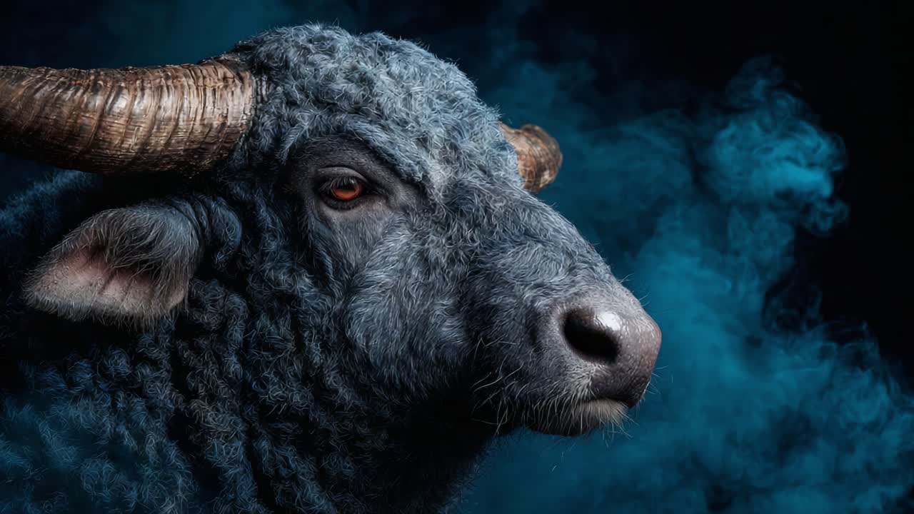 Majestic Beast: A Close-Up Image of a Blue-Black Furred Animal with Prominent Horns Set Against a Mystical Blue Smoke Background