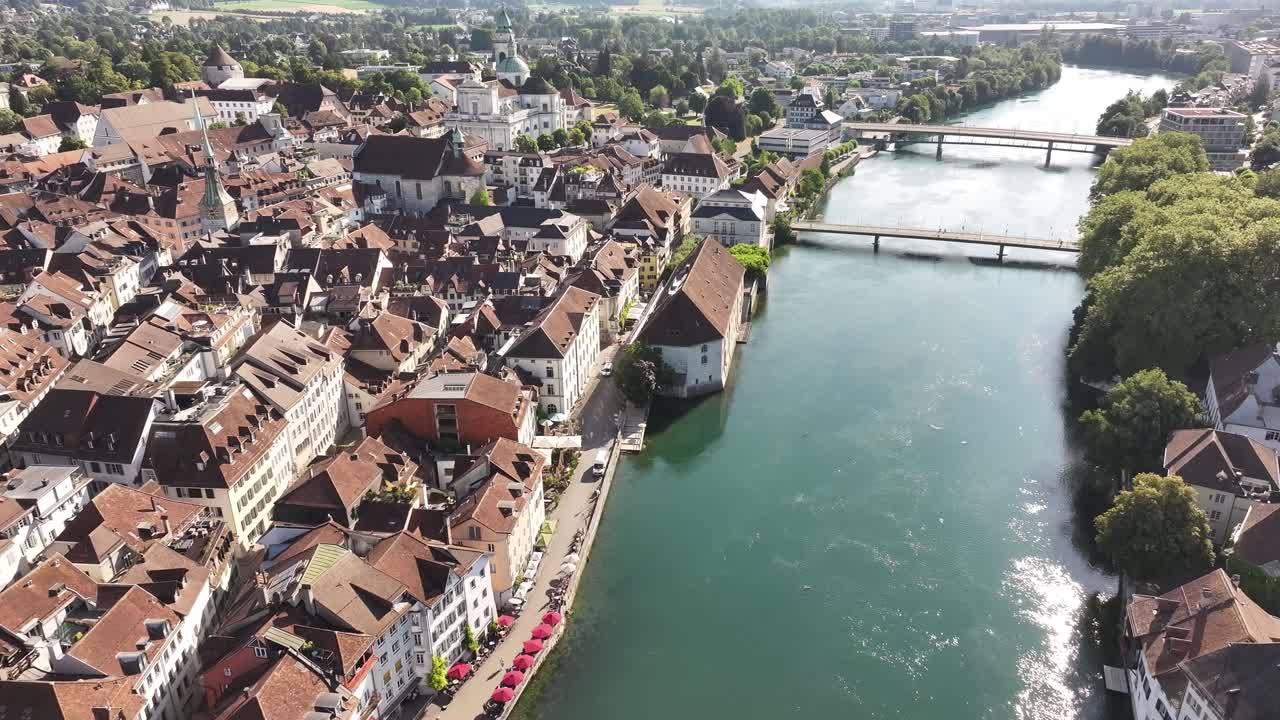aerial view of olten old town with bridges crossing river in switzerland