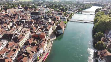 aerial view of olten old town with bridges crossing river in switzerland