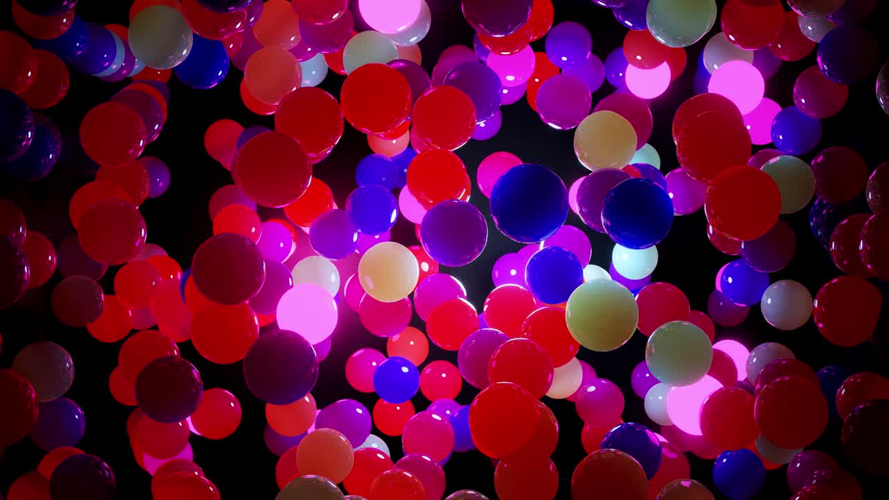 composición abstracta de bolas de colores en el aire, que se iluminan al azar y se reflejan entre sí. esferas multicolores en el aire como simple fondo oscuro geométrico con efectos de luz.