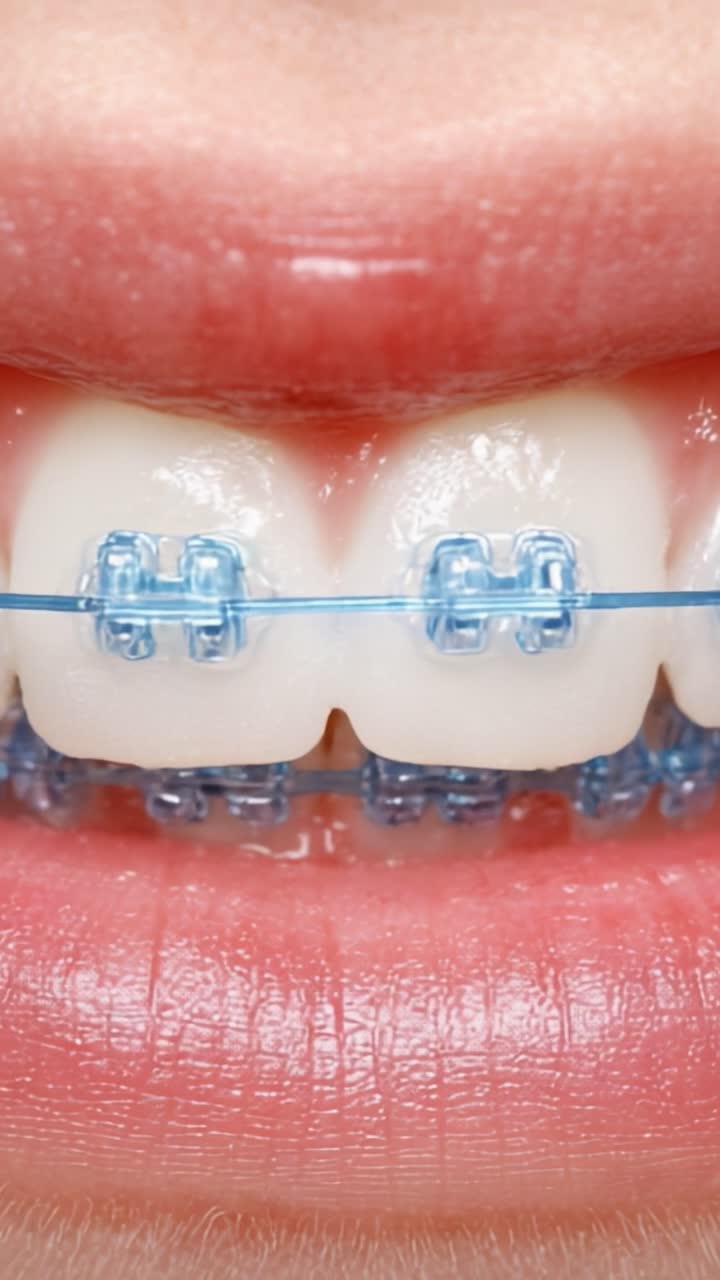 Close-Up Views of Braces: Detailed Examination of Orthodontic Treatment Showcasing Clear Brackets and Their Placement on Teeth for Effective Alignment