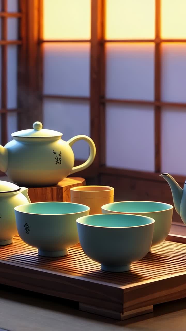 Vertical video: Filtering light washing tea set on tray before paper screens, highlighting serenity