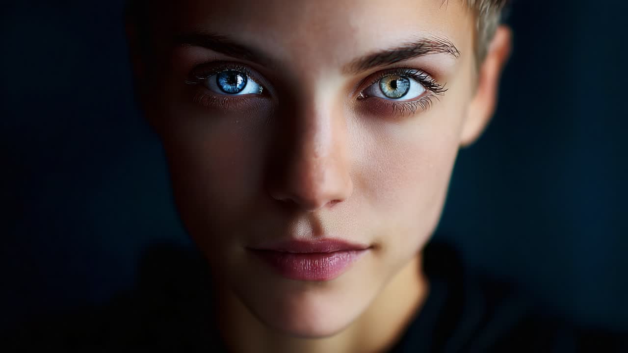 Captivating Portrait of a Young Individual with Striking Heterochromia, Showcasing Unique Blue and Green Eyes, Enhanced with Soft Lighting and an Intimate Focus on Facial Features