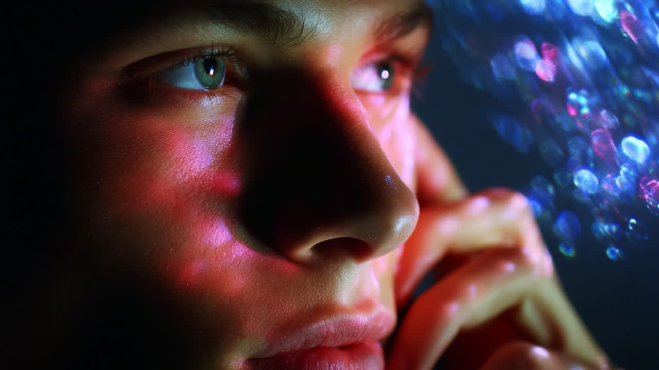 Captivating Close-up of a Young Individual's Contemplative Expression Illuminated by Vibrant Light Reflections, Enhancing the Emotional Depth and Intriguing Atmosphere in a Unique Visual Experience